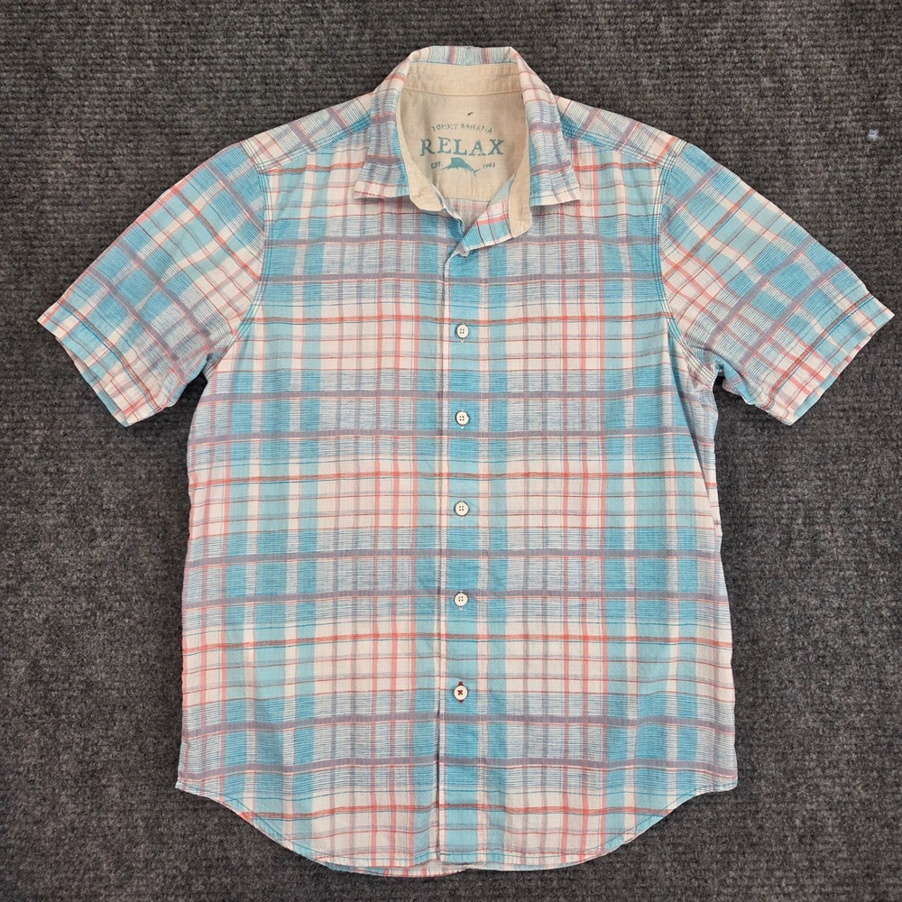 Tommy Bahama Relax Mens Medium Blue Coral Plaid Cotton Short Sleeve Button Down